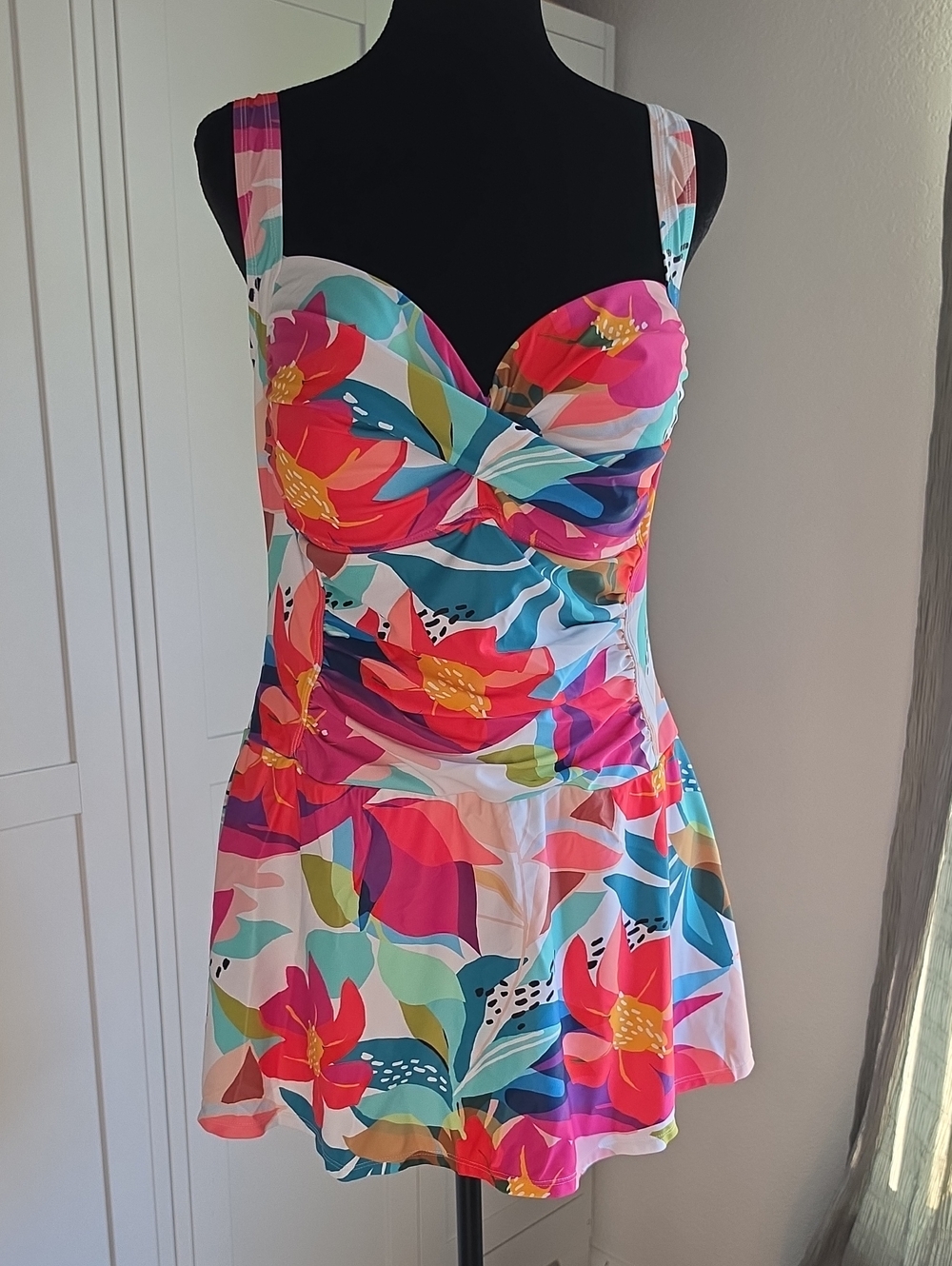 Liz Claiborne Multicolor Floral Swimdress - Pink, Turquoise, Coral, Yellow